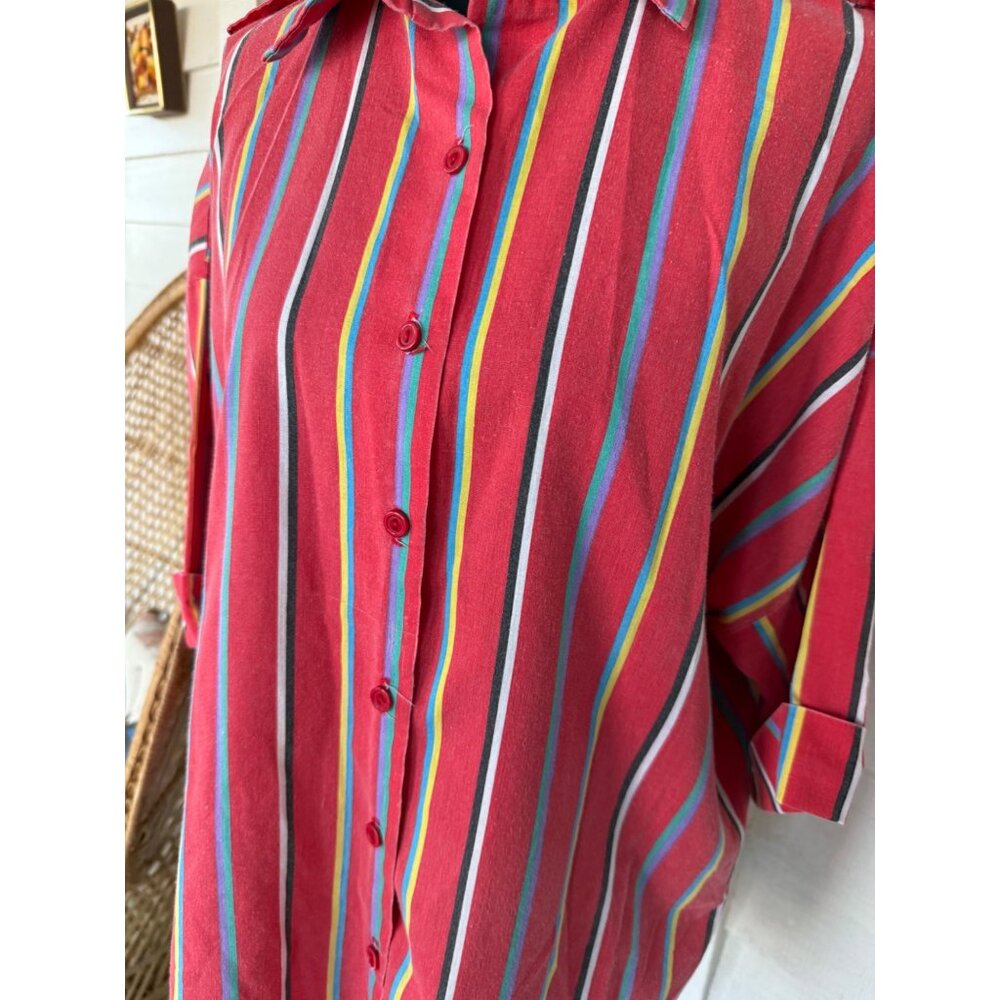 Vintage 70's Red Stripe Womens Button Blouse Cotton Blend Sz XL - Picture 11 of 13